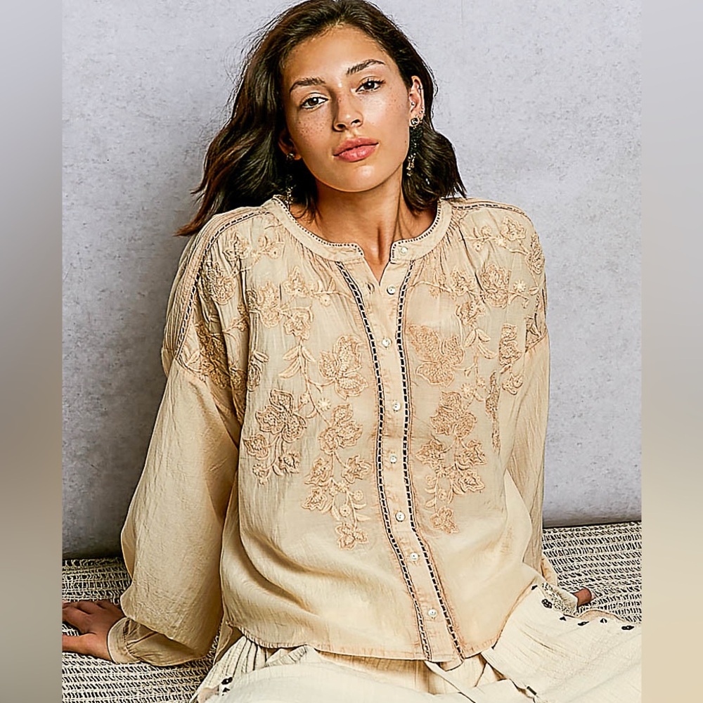 ♥️Hello Gorgeous! POL Embroidery Button Down Long Sleeve Washed Shirt - Almond - Picture 6 of 10